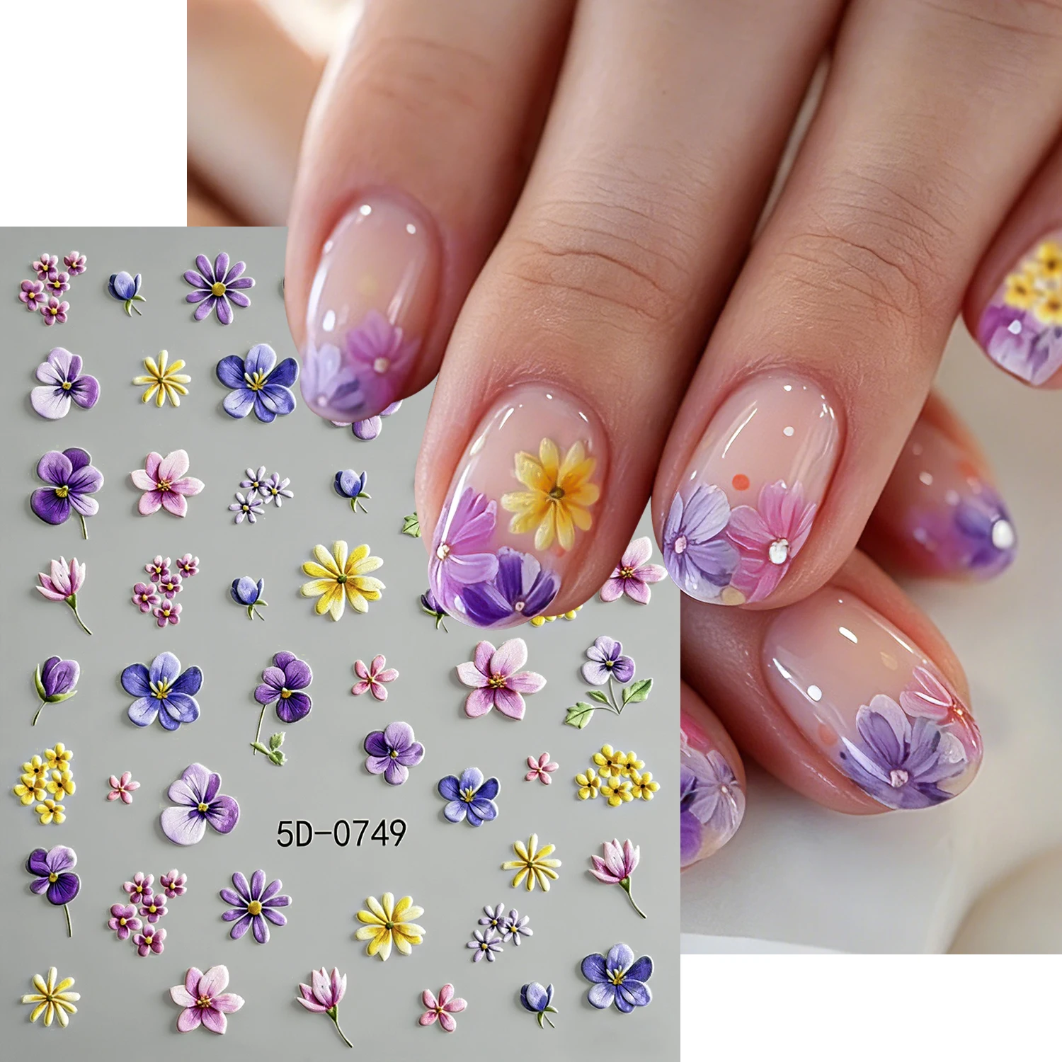 1pcs 5D Relief Purple Yellow Daisy Flower Nail Sticker Cute Pink Tulip Nail Decals Self-adhesive Five-Petal Nail Slider Decor D2
