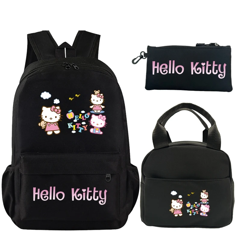 Sanrio-mochila con estampado de Hello Kitty para niño y adolescente, morral escolar con bolsa para el almuerzo, estuche para lápices, Juego de 3 unidades