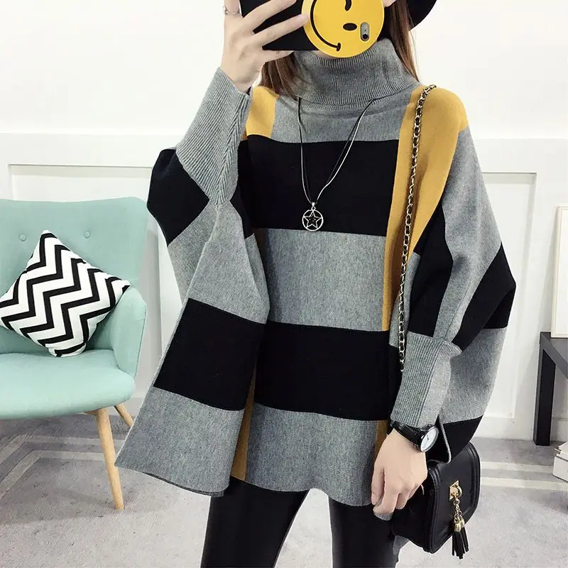 High Neck Cape Coat Women Autumn and Winter Mid length Korean Casual Sweater Pullover Bat Sleeve Knitwear Sweater Poncho Women