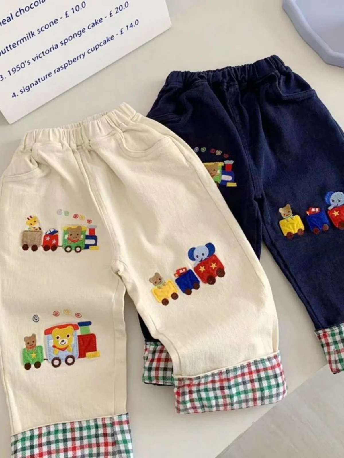 Casual Cotton Polyester Blend Pants for Boys with Embroidered Train Design Cuffed Loose Fit Spring Autumn Seasonal Wear
