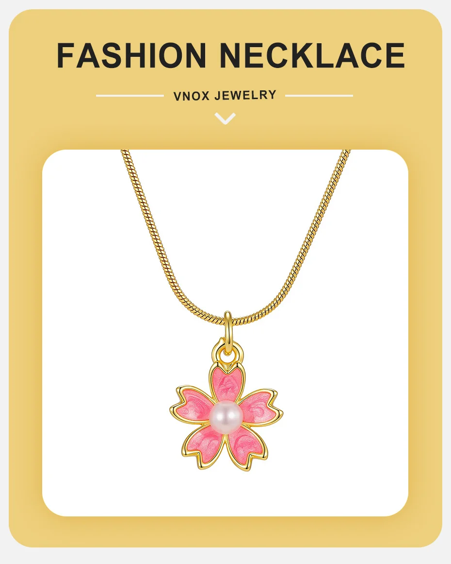 Vnox Exquisite Tropfenöl Rosa Blumen Imitationsperlen Anhänger Halskette für Frauen Vergoldete Süße Blumen Schlüsselbein Kette Schmuck – Detail 2