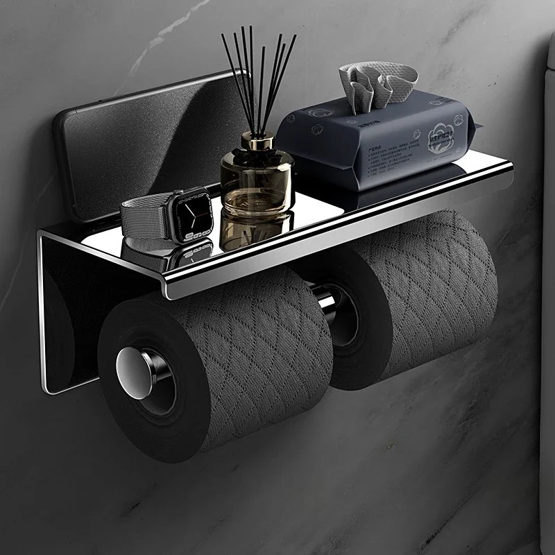 304 Stainless Steel Toilet Paper Holder with Phone Shelf Wall Mounted Punch-Free Bathroom Tissue Roll Storage Rack Rustproof