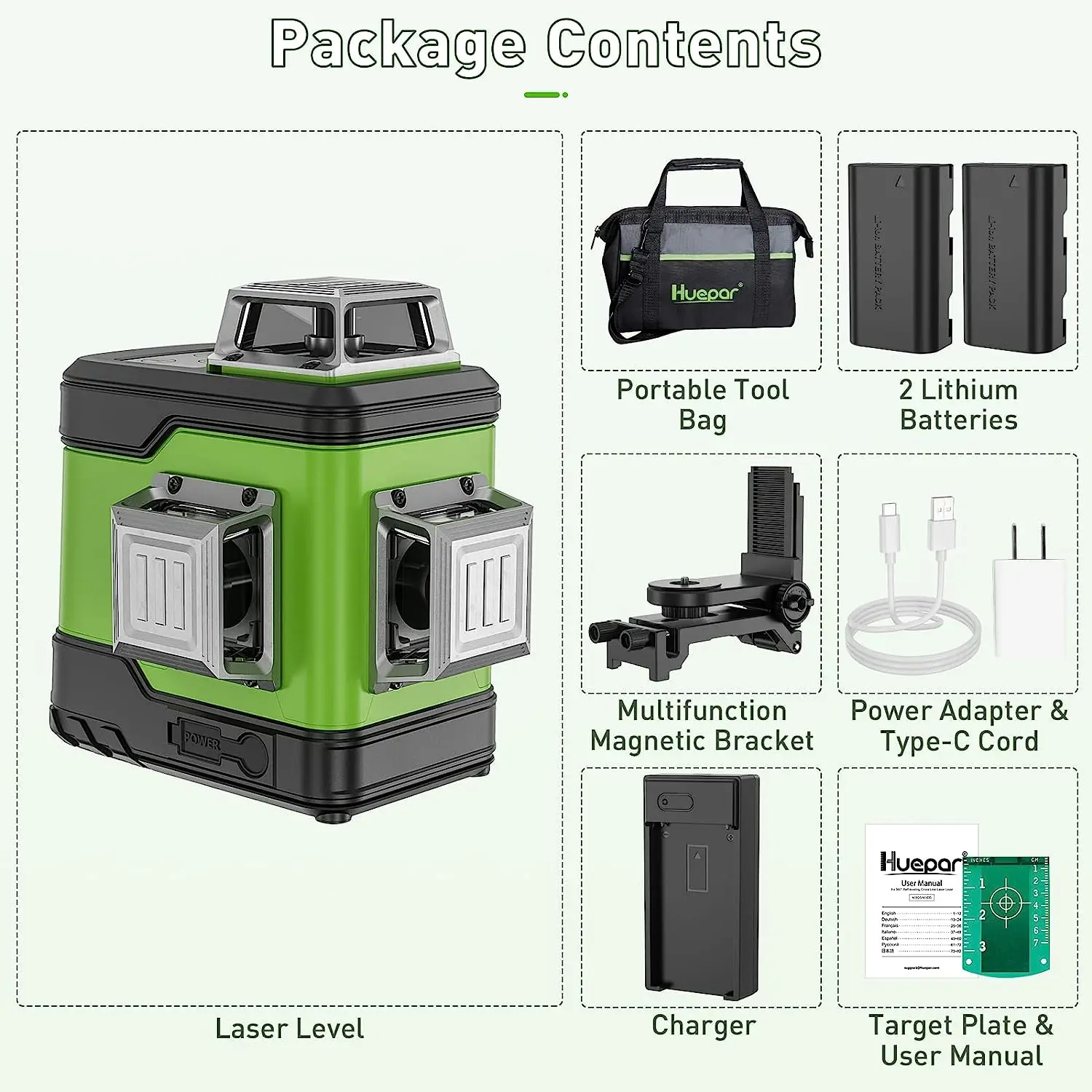 Huepar 3D Cross Line Self-Leveling Laser Level 3 x 360° Green Beam Three-Plane Leveling Laser Tool with 2pcs Li-ion Batteries