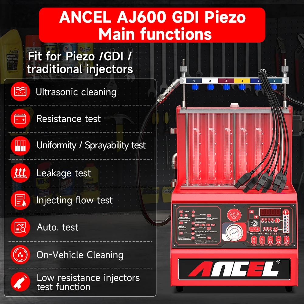 Ancel AJ600 GDI Piezo Car Fuel Injector Cleaner EFI FEI Cleaner Test Ultrasonic Cleaning Gasoline Auto Tool for Car 6 Cylinders