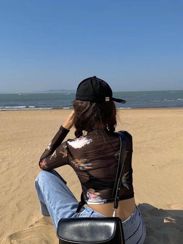 Sexy Vrouwen T-shirt Zien Door Transparante Mesh Tops Lange Mouw Sheer Slim Dames Coltrui T-Shirt Nieuwe Aankomst Vrouwen t-shirt