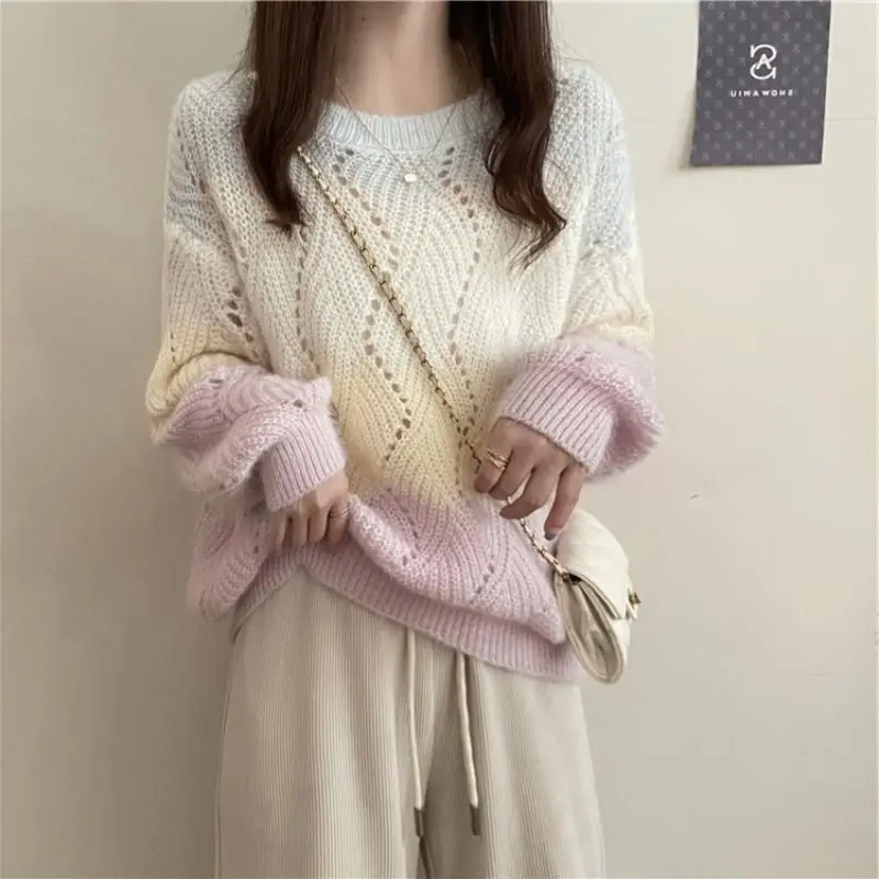 Hollow Out Knitting Pullovers Women Autumn Winter Simplicity Loose O-neck Sweater Sweet All-match Office Lady Knitwear Tops