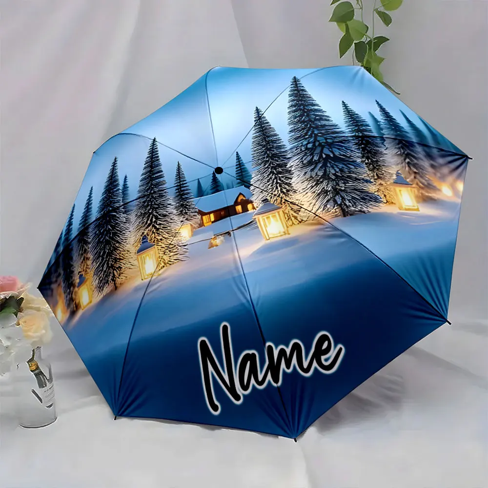 Custom Name Winter Wonderland Printed Umbrella Print 8 Iron Ribs Folding Umbrella, Auto-Open Fashion Sunshade