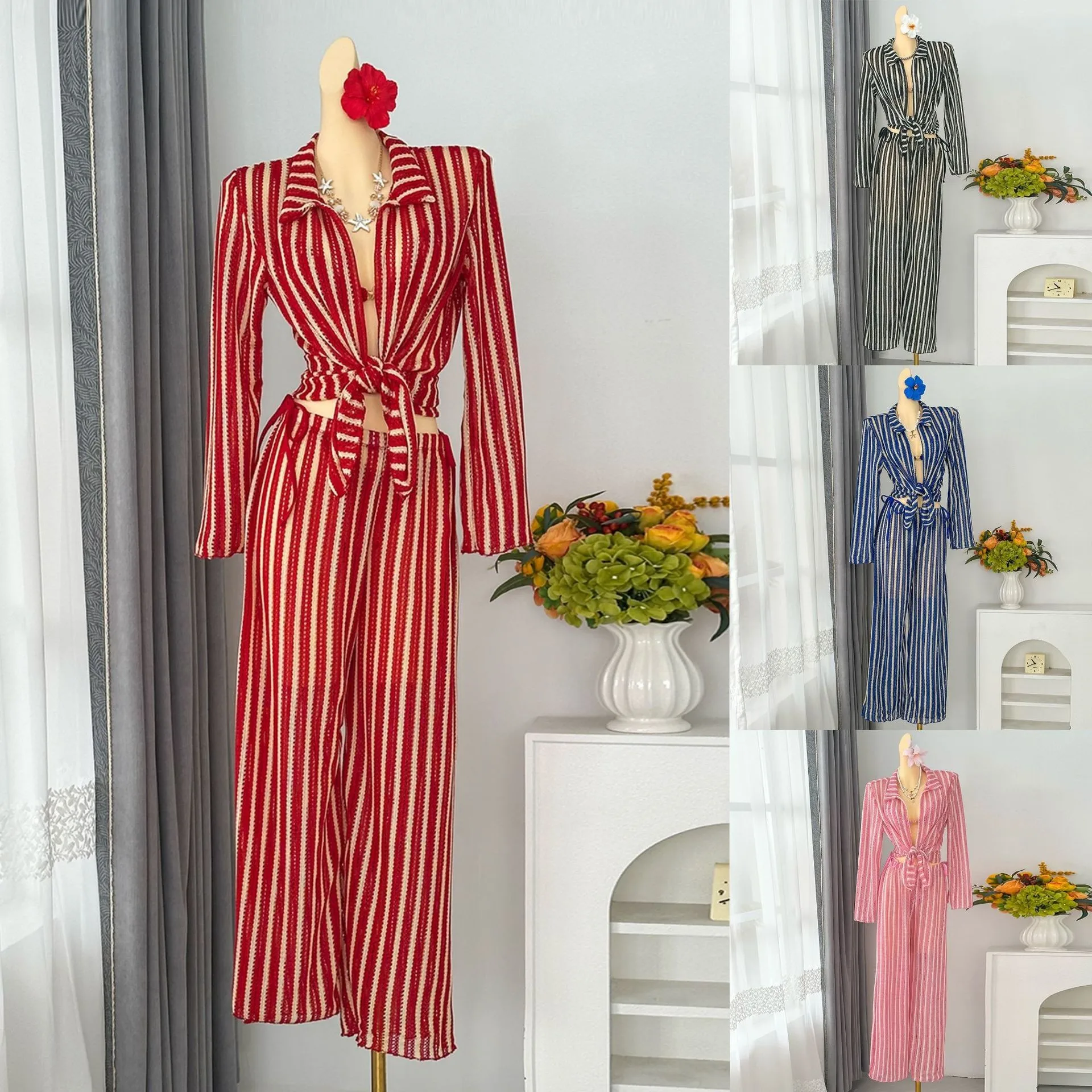 

Women's Cover-up Striped Long Sleeve Beachwear Dress Wrap Top Tie Waist Swim Two Piece Set Red Striped