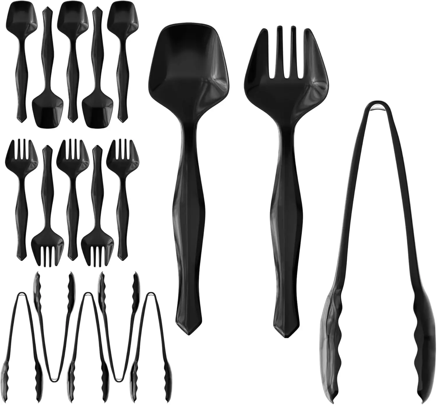 

Yuyongr 18 Pcs Black Plastic Serving Utensils Set - 6 Black Plastic Serving Spoons, 6 Black Tongs And 6 Forks