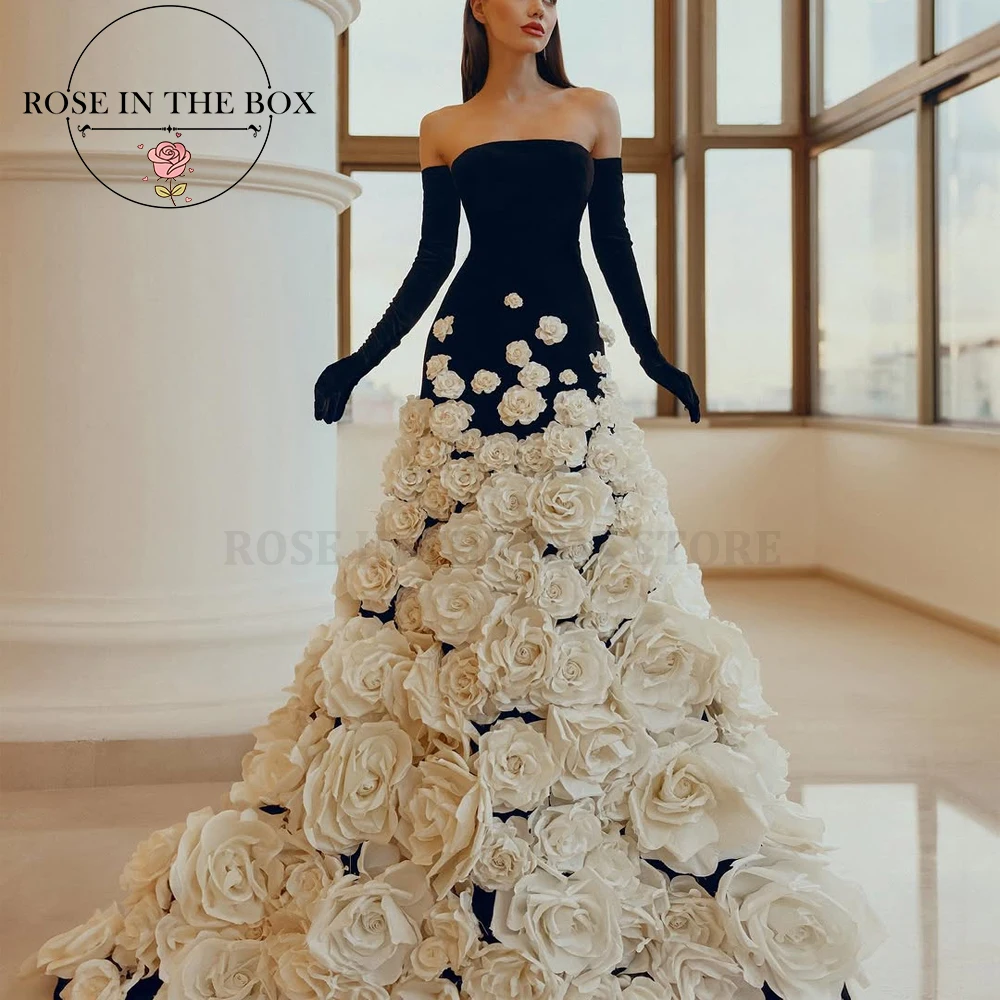 

Роскошное черное бархатное вечернее платье без бретелек с 3D цветочным принтом, роскошные вечерние платья, очаровательное трапециевидное платье de fiesta elegantes