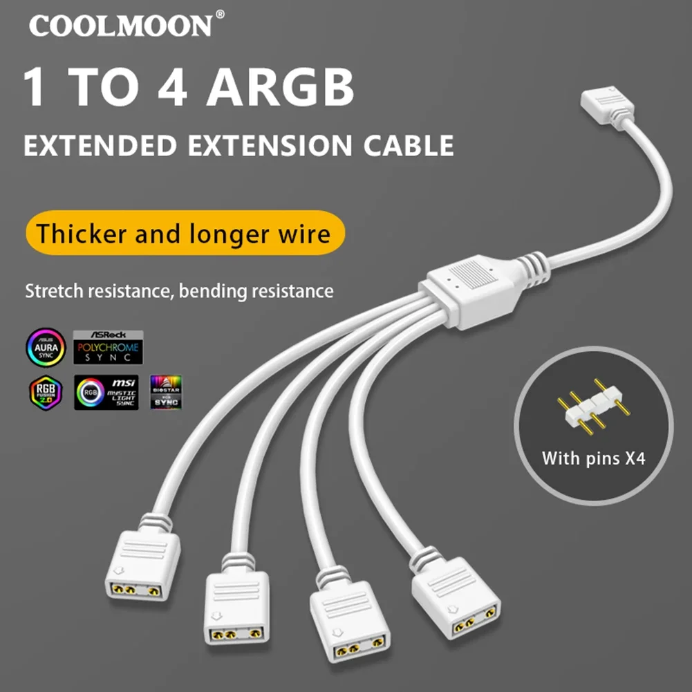 COOLMOON 5V 3PIN ARGB Splitter 1 To 2/3/4 Mainboard ARGB Extension Cable Resistant Extension Fan Connector for CPU Fan PC Case