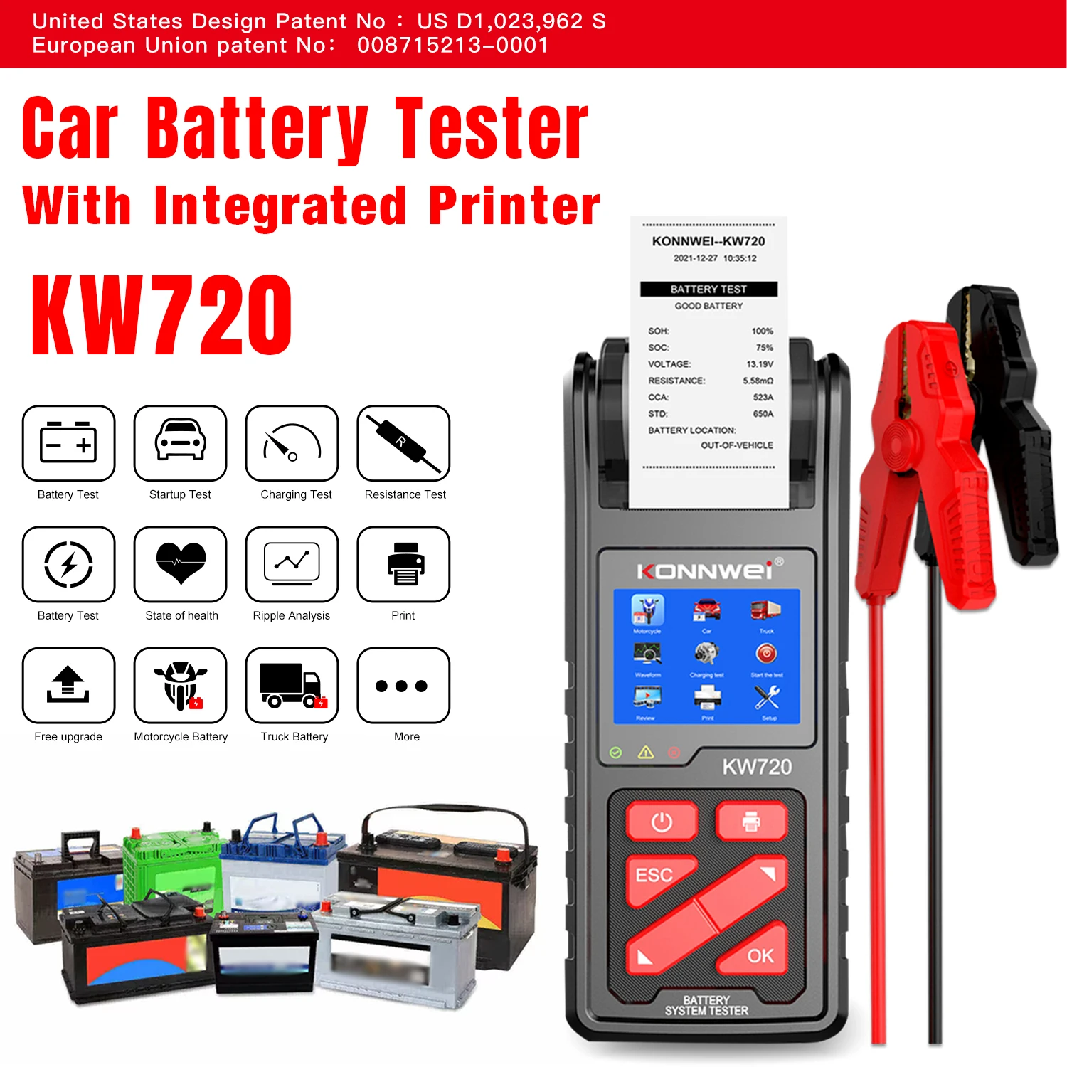 

6V-12V-24V Car Battery Tester with Built-in 2000mAh Battery Capable of Printing Test Data Multi-Model Car Battery Testing Tool