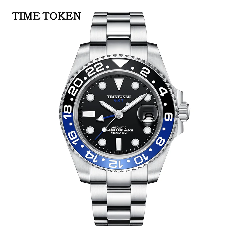 TIME TOKEN Men's Mechanical Watch - Luxury Ceramic Bezel Automatic GMT 10bar Waterproof Sapphire Glass New Design