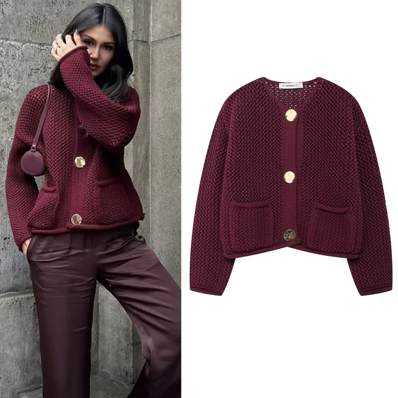 Women's Sweater Crochet Oversize Cardigan Autumn Crop Knit Button O-Neck Knitwear Loose Long Sleeve Top Women Cozy Sweaters