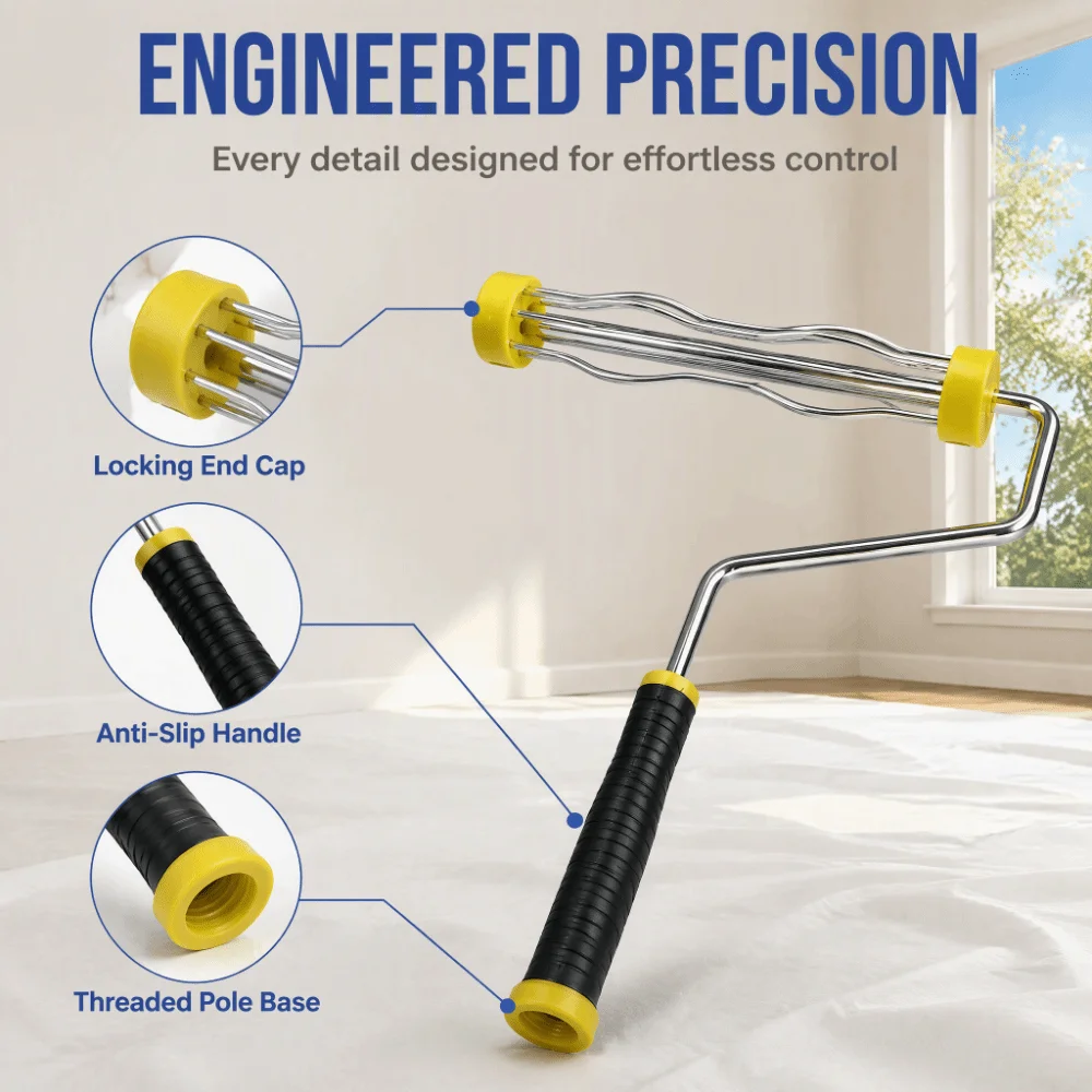 Yellow And Blue Roller Core Paint Roller Holder Galvanized Metal Frame Ergonomic Handle Roller Core Holder Non-Slip Design