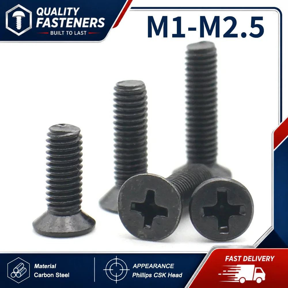 50-100pcs Black Carbon Steel M1 M1.2 M1.4 M1.6 M1.7 M2 M2.5 Mini Small Cross Phillips Flat Head Countersunk Head Screw Bolt