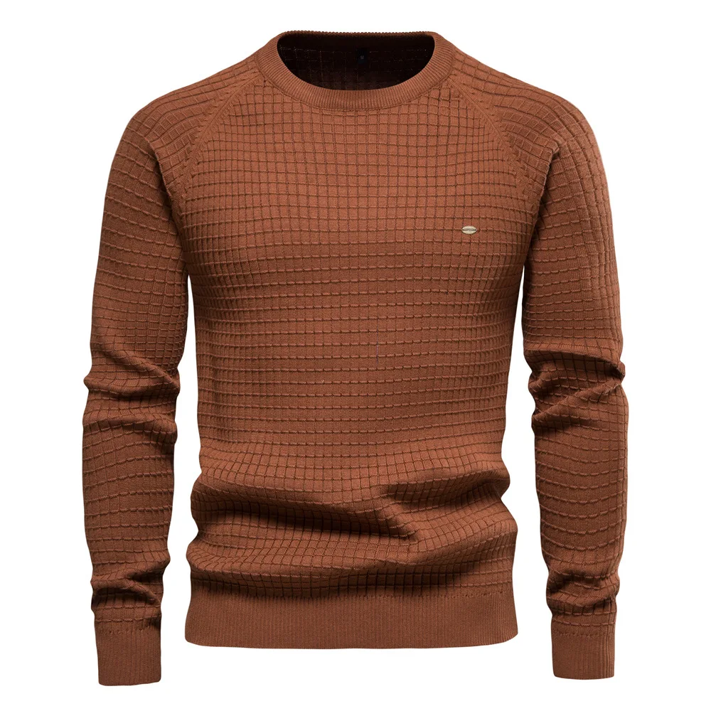 2024 autumn and winter new fashion all-cotton sweater men\'s solid color plaid pullover sweater