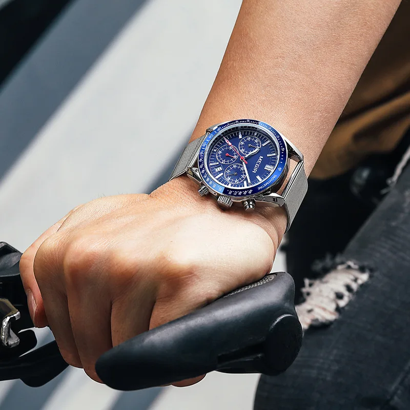 MEGIR 8105 Men's Fashion Quartz Watch Multifunctional Chronograph Calendar Stainless Steel Strap Sport Luminous Business Watches