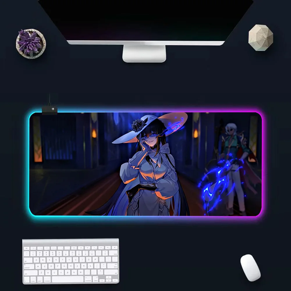 H-Honkai Star Rails RGB Pc Gamer Keyboard Mouse Pad Mousepad LED Glowing Mouse Mats Rubber Gaming Computer Mausepad