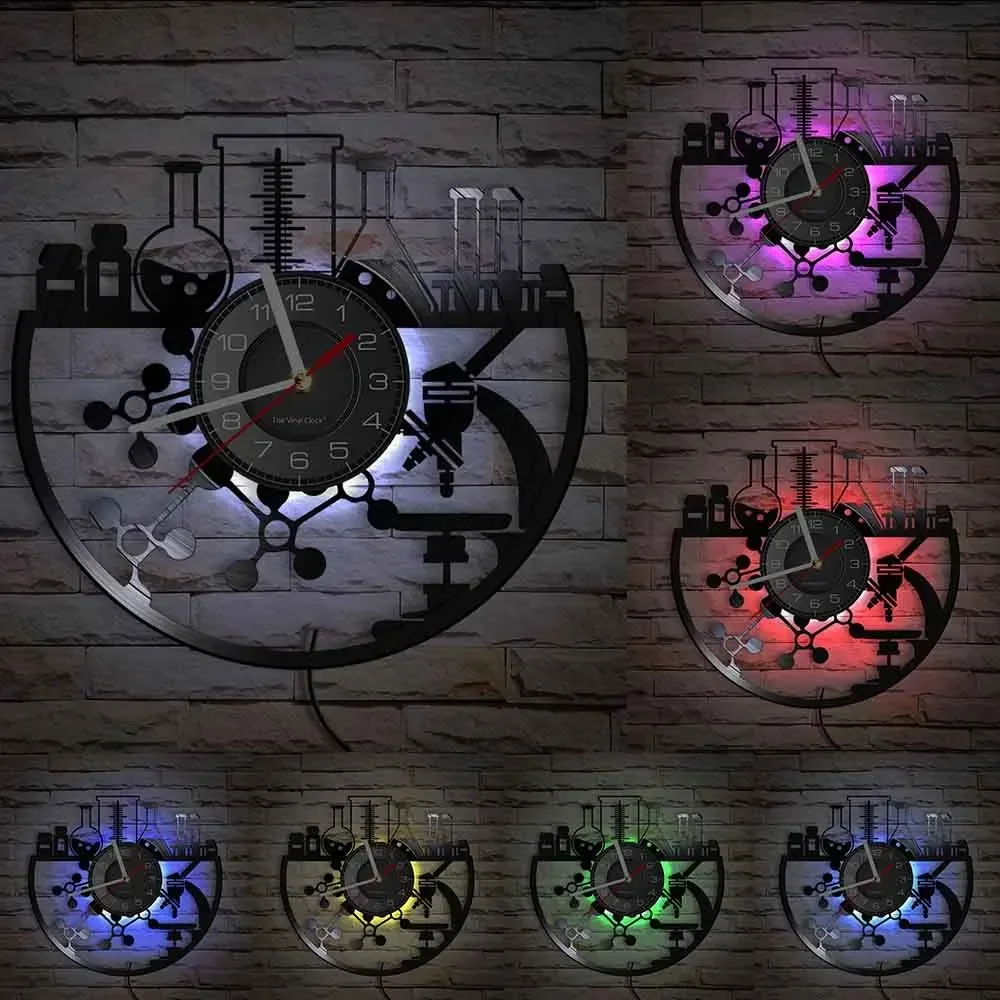 Chemical Experiment Vinyl Record Wall Clock Chemistry Microscope Bunsen Burner Retro Wall Watch Laboratory Science Decor Watch view 5