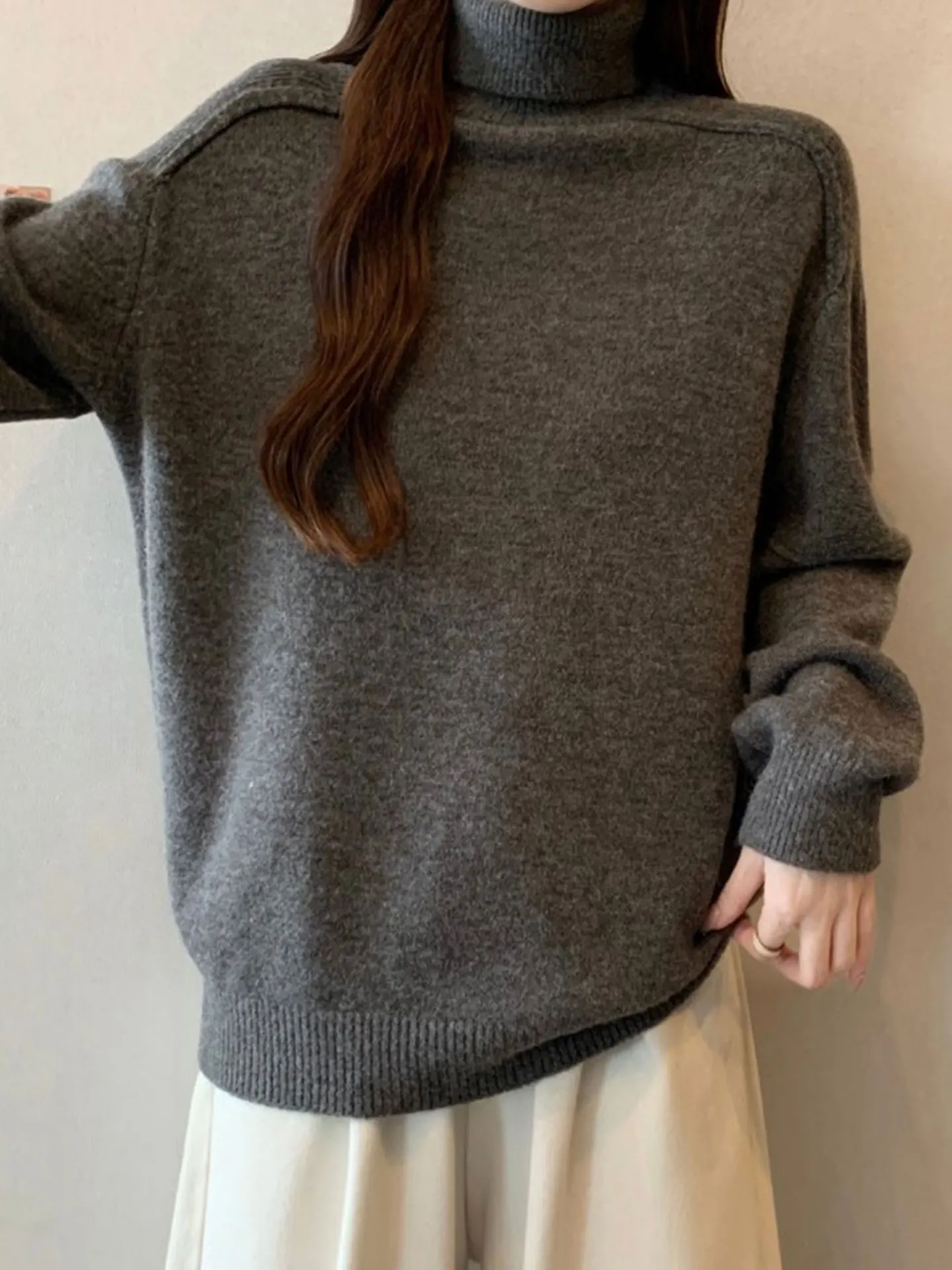 

Ladies Thiened Long Sve Knitted Sweater Casual Sle Loose Fit High Collar Autumn Winter plus Size Inner Wear Top
