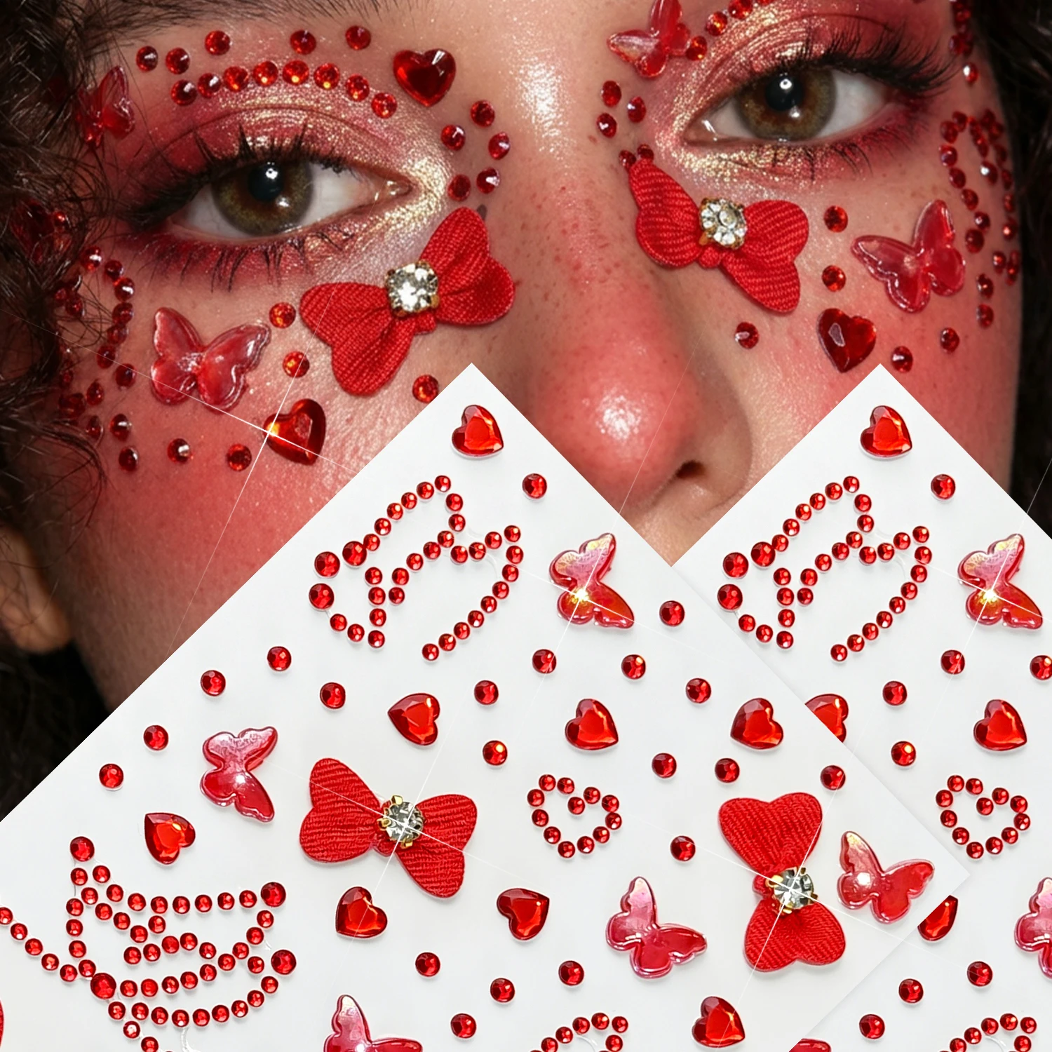 

1pcs Ruby Red Hollow Butterfly Rhinestone Face Stickers Bow Face Gems Stickers For Women Music Festival Face Body Decorations