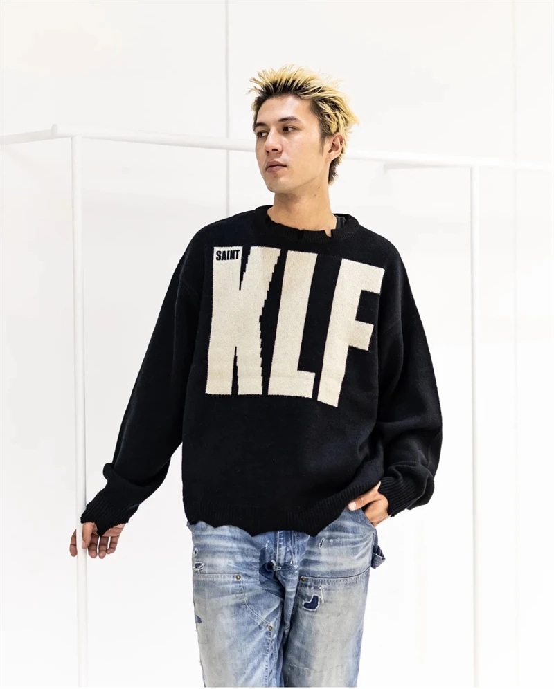 Autumn Winter High Quality Vintage Saint Klf Letter Embroidered Logo Street Casual Loose Cotton Oversized Sweater MEN WOMEN