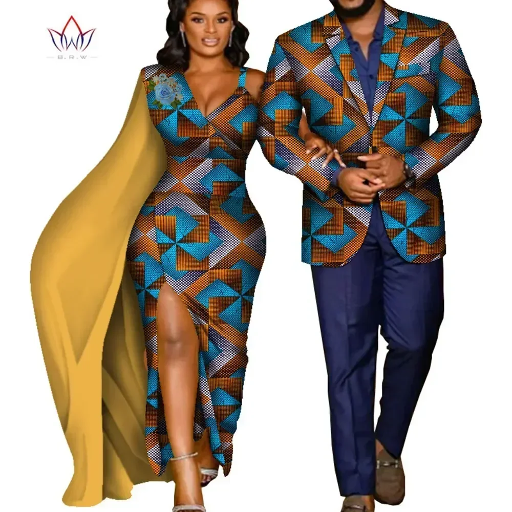 Bintarealwax African Print Clothes for Couple Dashiki Elegant Women Party Dresses Plus Size Men Jacket African Clothing WYQ635