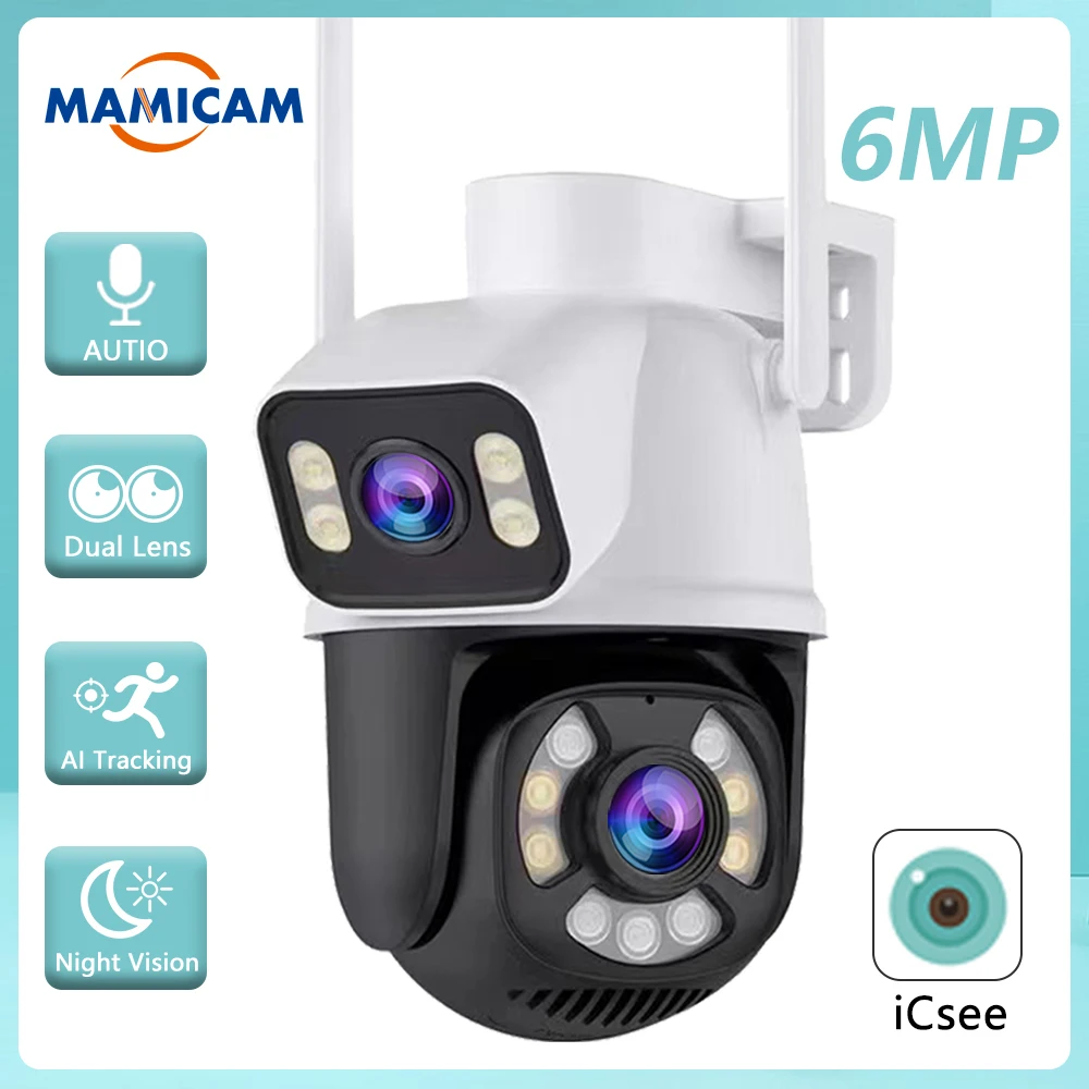 

Dual Lens Surveillance Camera 6MP PTZ Outdoor Wifi CCTV Street Surveillance Camera Ai Human Detection Two Way Audio ICSEE APP