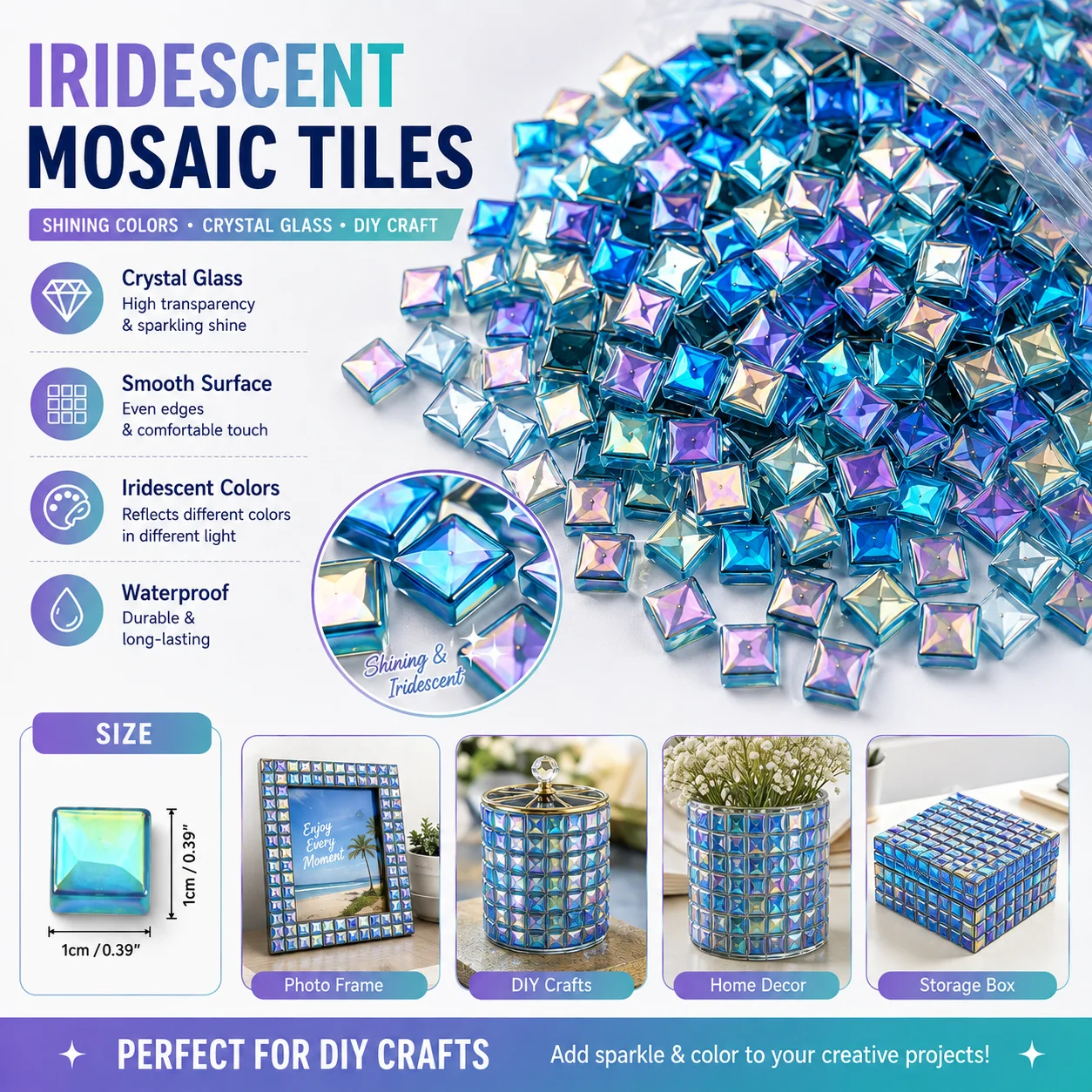 Art And Craft Photos - กระเบื้องโมเสคแก้วสีน้ำเงินขนาด 10 มม. รูปทรงสี่เหลี่ยม คริสตัลอัญมณีสำหรับงานฝีมือ DIY