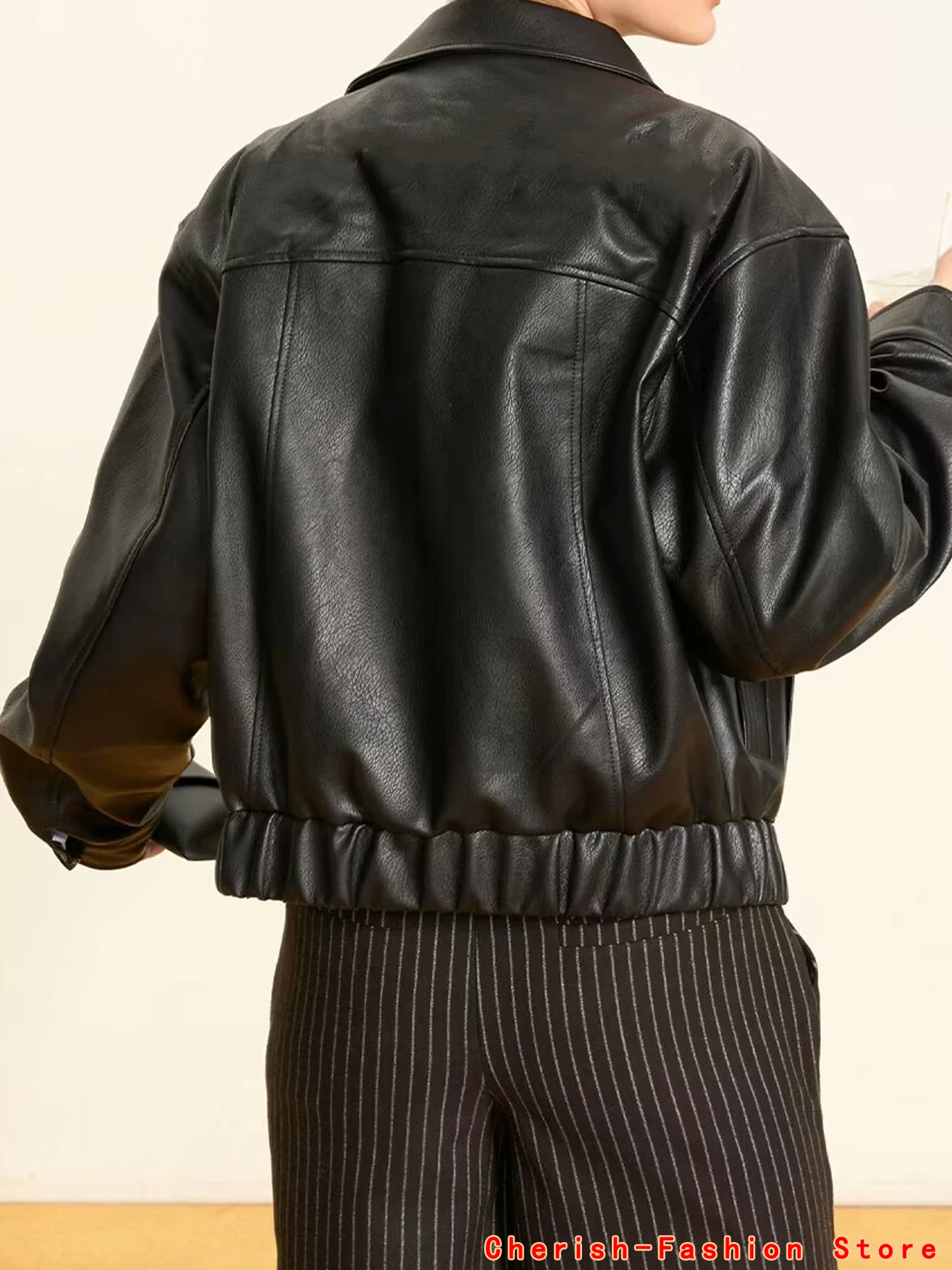 2024 Autumn England Designer Womens Black Faux Leather Jackets Loose Casual Biker Coat Females Harajuku Pu Streetwear Top