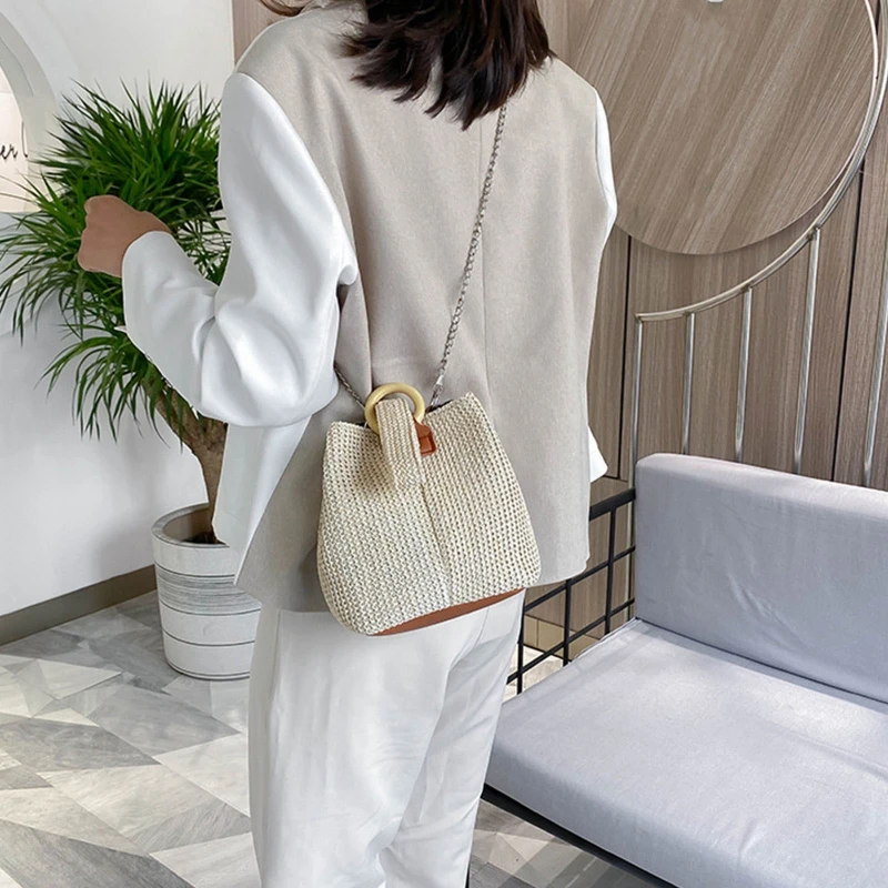 Chain Bag Bucket Bag Straw Woven Bag Small Satchel Shoulder Handbag for Dating