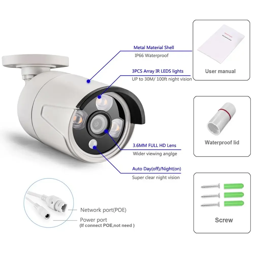 AZISHN H.265+ 5MP 4MP 3MP 2MP POE IP Camera Outdoor Video Motion Detection 3IR Array LEDS CCTV Security for NVR System