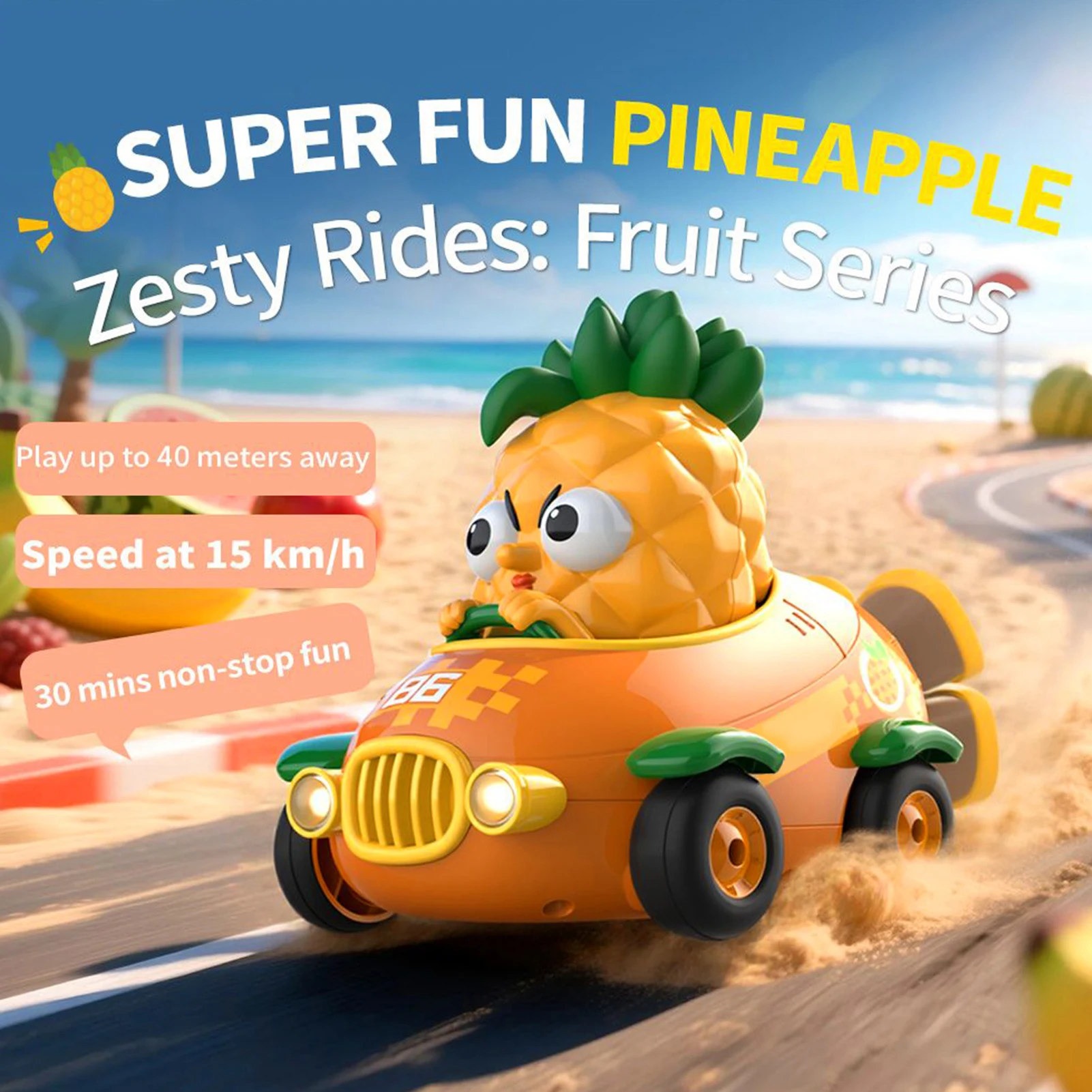 

2.4GHz Remote Control 360° Rotating Car, Cool Spinning RC Vehicle with LED Lights, Adorable Pineapple Shape Toy Car, Long 30min
