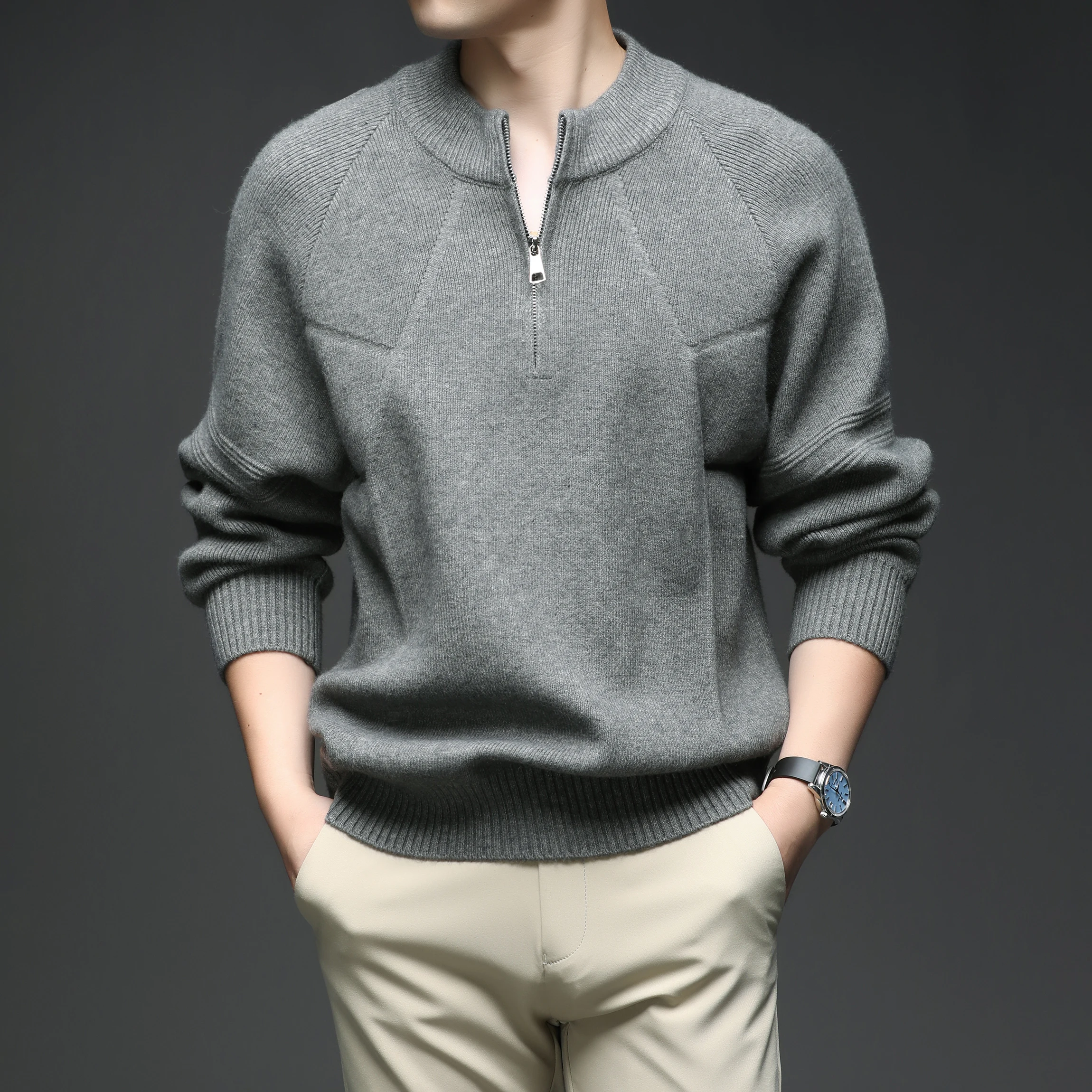

Zipper semi high neck sweater for men winter Korean version loose knit jacket for men youth fashion casual stand up collar trend
