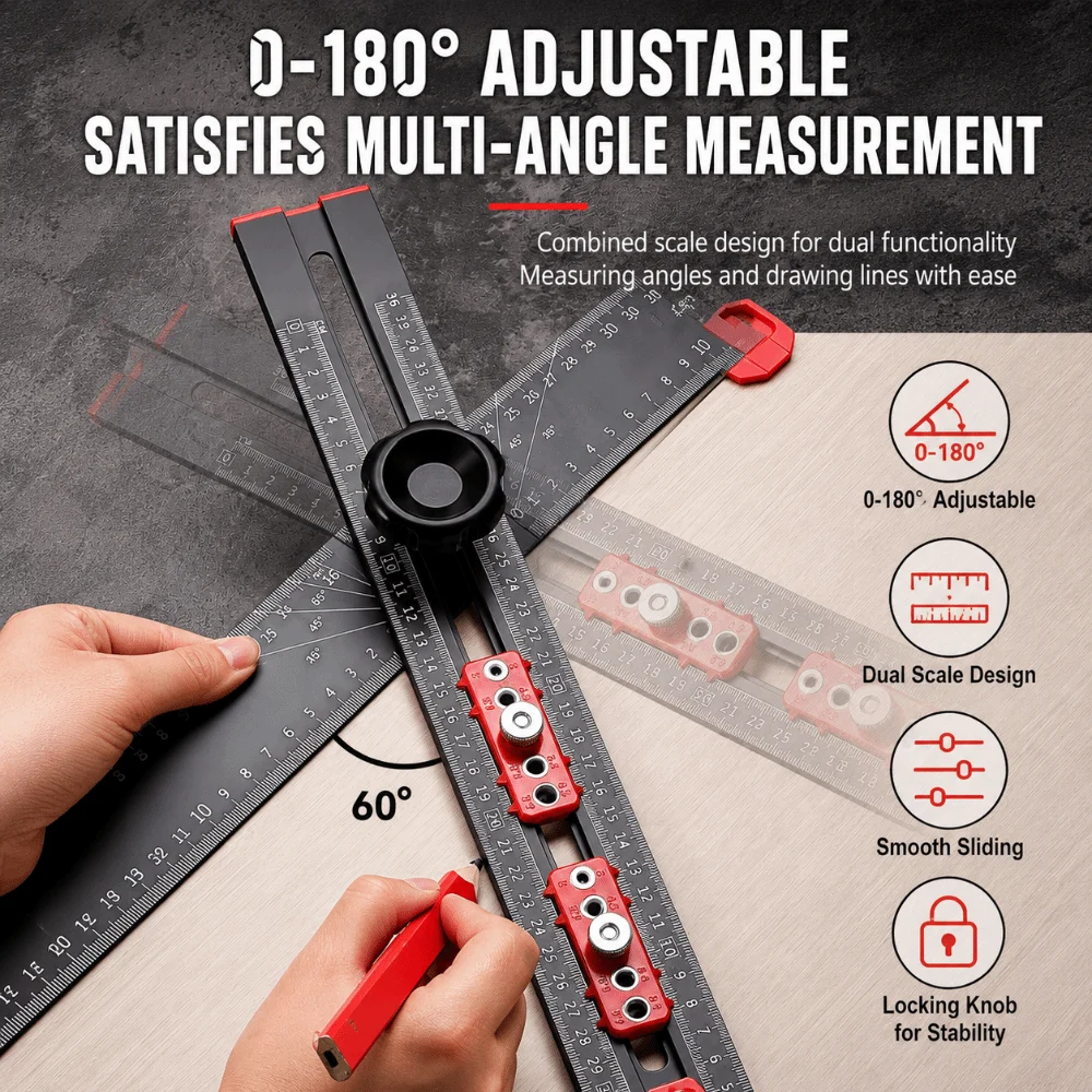 3-in-1 Drilling Ruler Adjustable T-shaped Marking Gauge Multi-functional Quick Locate Woodworking Tool Panel Marking