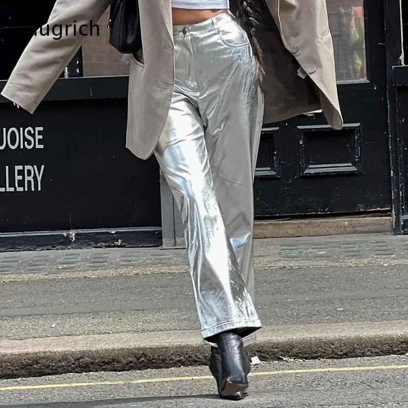 Women Hot Pink Metallic Shiny Leather Flare Pants High Waist Mirror Gloss Straight Bell Bottom Trousers