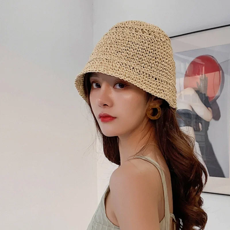 Women Hand-woven Bucket Fisherman Hat ladies Fashionable Straw Beach  Casual solid color vocation Summer Sun s anti-UV