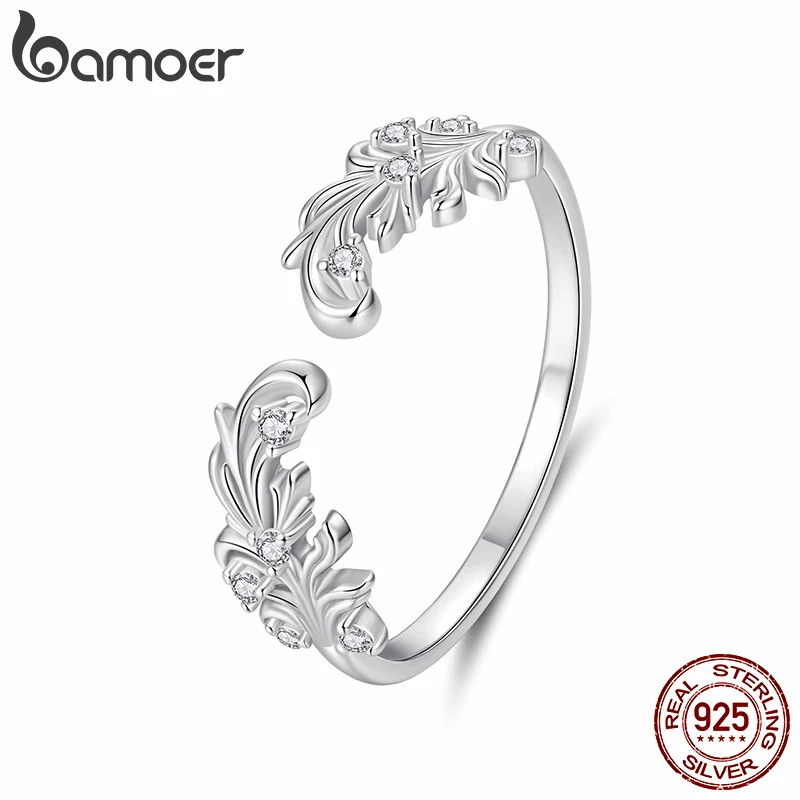 

Bamoer 925 Sterling Silver Scrollwork Open Ring Adjustable Paved CZ Retro Plant Leaves Pattern Ring for Women Teens Xmas Gift