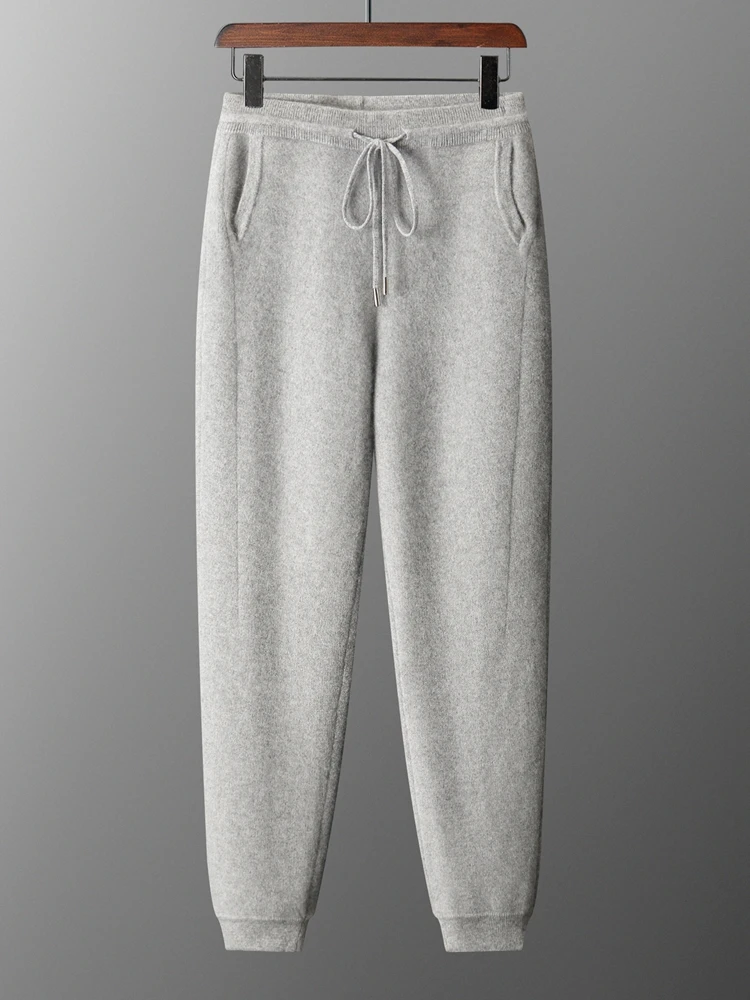 Men's Wool Pencil Pants Drawstring Elastic Waist Casual Trousers Autumn Winter 100% Merino Wool Knitted Jacquard Tapered Pants