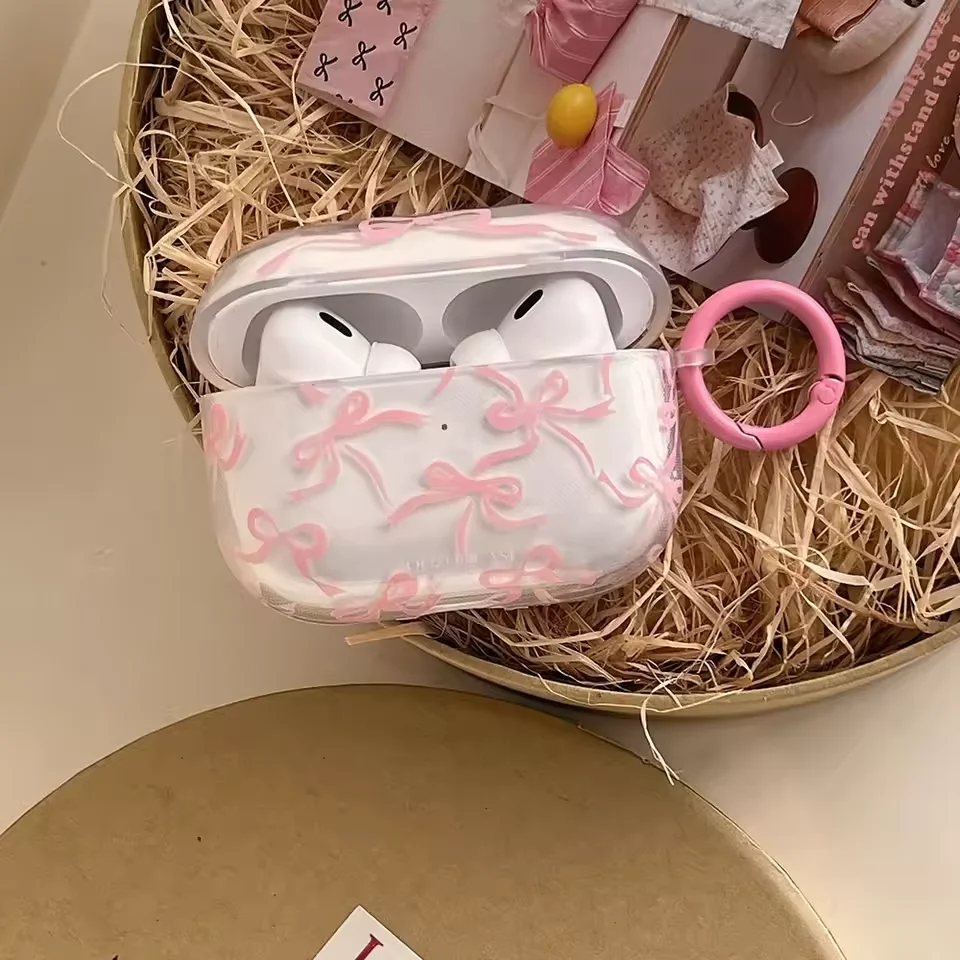 

Pink Bow Knot Headset Case for AirPods 4 3 2 1 with Keychain for AirPods Pro 2/Pro Cover Charging Box Earphone Accessories 2025