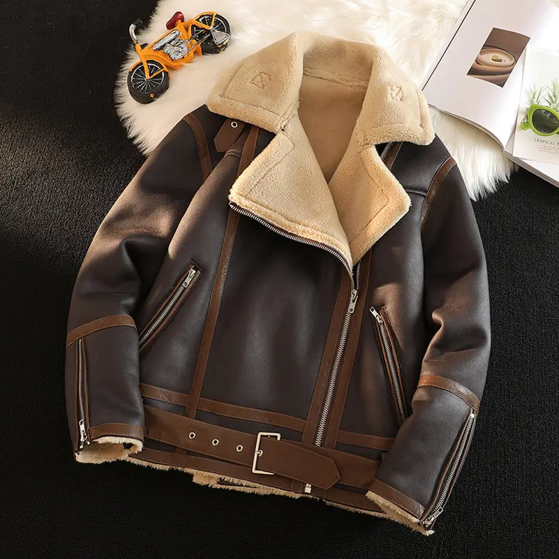 

2023 Fashion Men's Faux Leather Jackets and Coats Lined with Wool Warm Jacket Male Fake Fur Clothing Zipper Outerwear C81