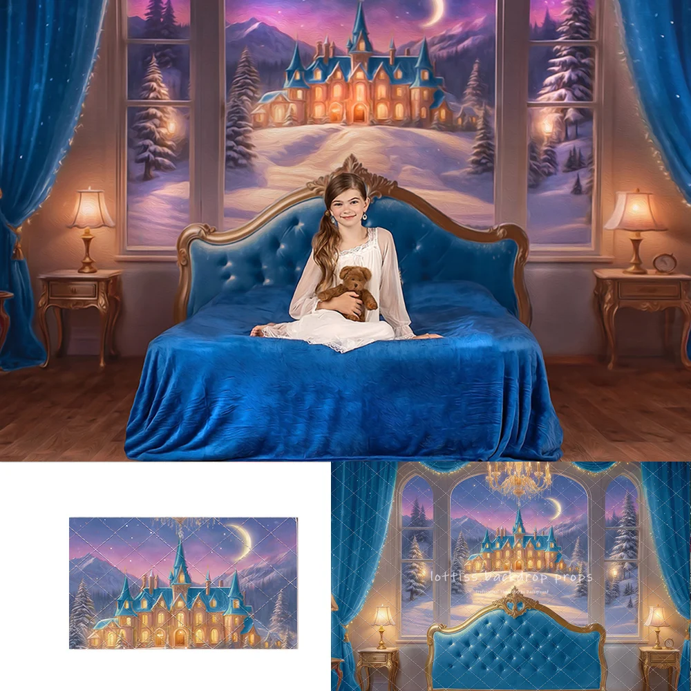 Holiday Fairytale Slumber Blue Bed Headbord Backdrops Kids Adult Photography Child Baby Photocall Castle Bedroom Backgrounds