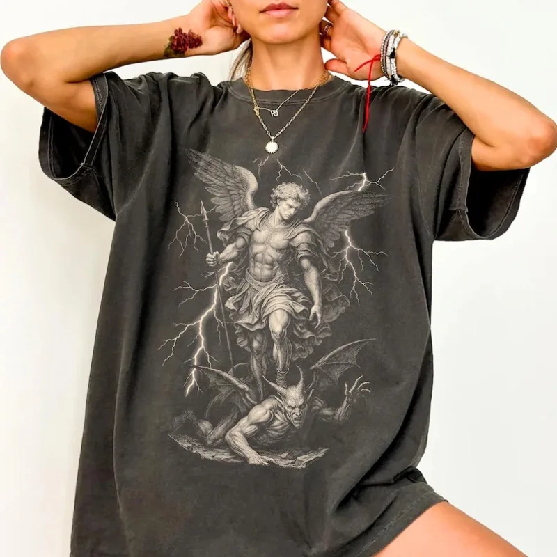 Women's Saint Michael Archangel T Shirt Vintage Catholic Protection Devotion Men Tee Unisex Vintage Oversized Loose Short Sleeve
