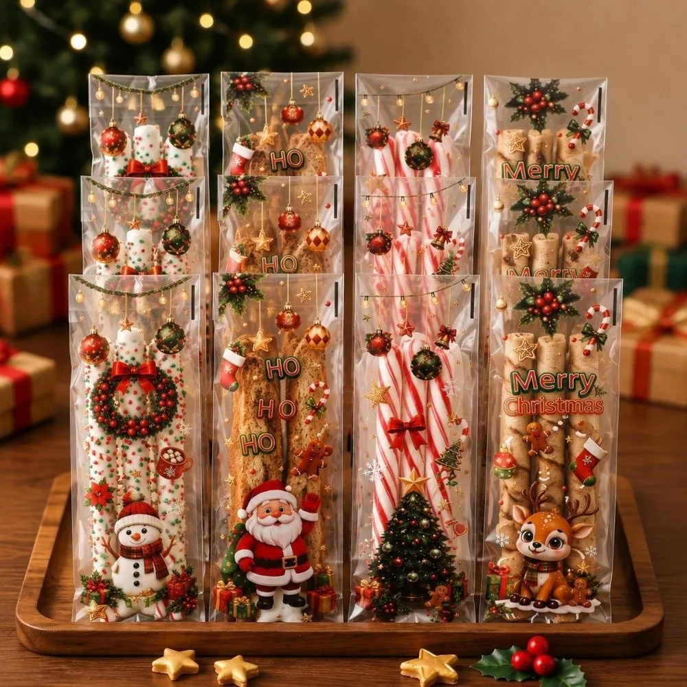 50/100Pcs Long Shape Christmas Treat Bags Pattern Assorted Santa Claus Print Self Adhesive Pouches Reindeer Print Snowman Print
