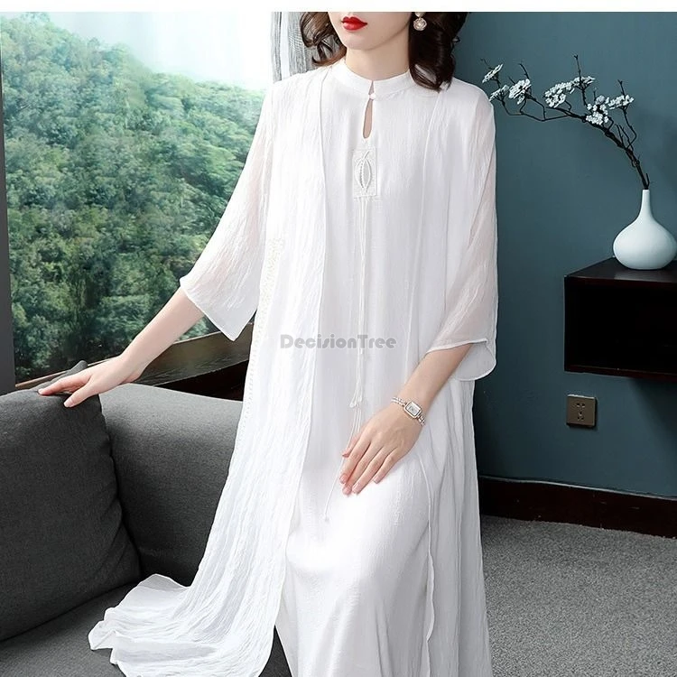 

2024 spring chinese style two-piece hanfu set women retro elegant qipao improved half sleeve retro cheongsam yarn dress w296