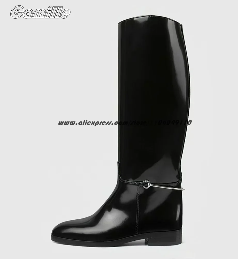 

Cowhide Leather Metal Decoration Catwalk Style Boots Size 35-42 Catwalk Style Knee High Boots Round Toe Mid Heel Grace Boots