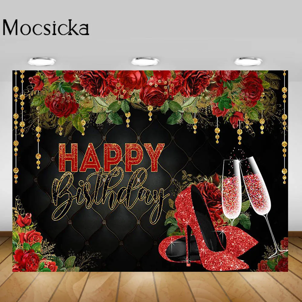 Mocsicka Chúc Mừng Sinh Nhật Phông Nền Chụp Ảnh Người Phụ Nữ Sinh Nhật Đỏ Hoa Hồng Cao Cấp Họ Trang Trí Tiệc Ảnh Nền Photocall