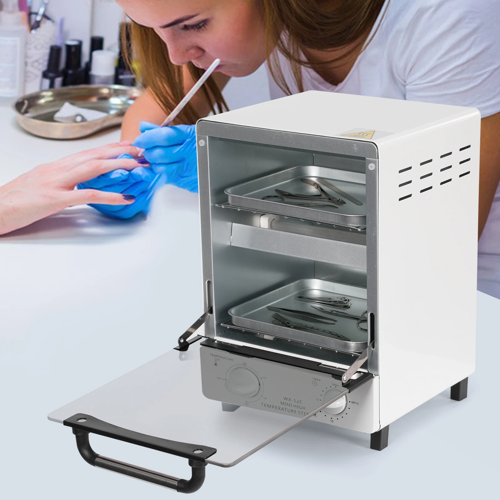 Iron, Tempered Glass, PA Nylon WX-12C Rectangular White Sterilizer, Nail Tools Sterilizer, High-Temperature Sterilizer