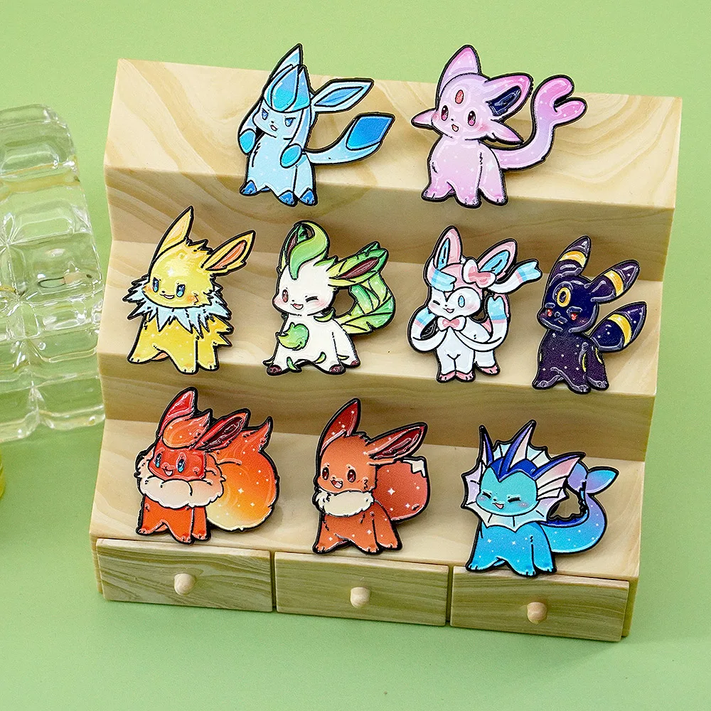 Hot 9Pcs Cute Anime Pokemon Eevee Elf Monsters Enamel Pins Set Fashion Animals Brooches Fashion Women's Lapel Pins Holiday Gifts